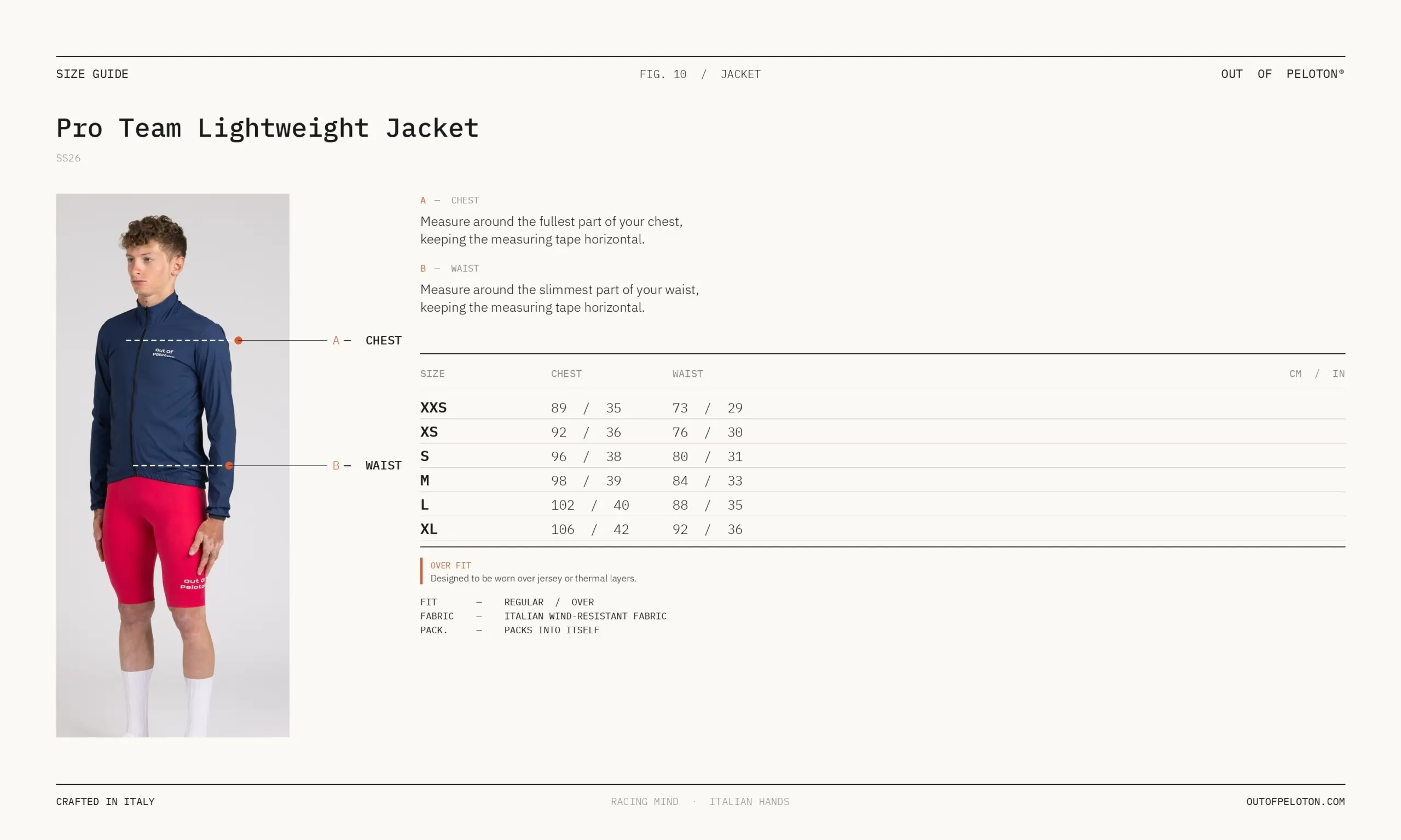 Pro Team Lightweight Jacket size guide